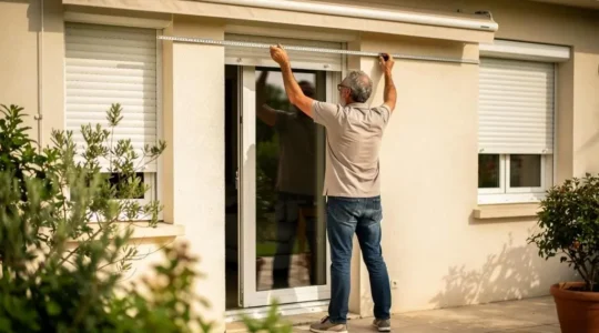 Particulier mesurant la largeur d'une façade de maison avec un mètre ruban pour l'installation d'un store banne