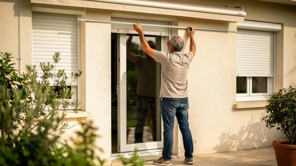 Particulier mesurant la largeur d'une façade de maison avec un mètre ruban pour l'installation d'un store banne