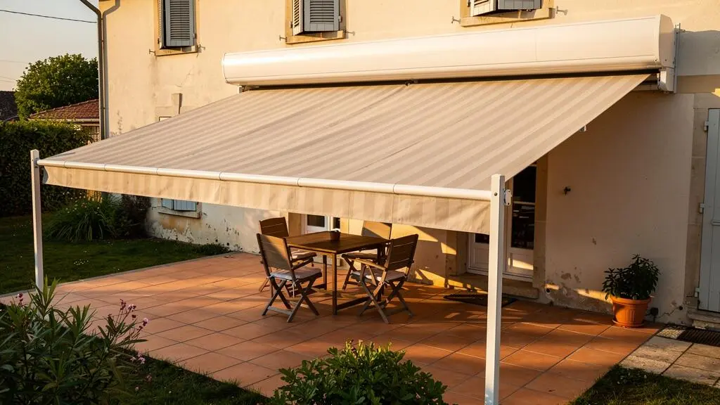 Store banne déployé au-dessus d'une terrasse de maison montrant la surface d'ombrage couverte