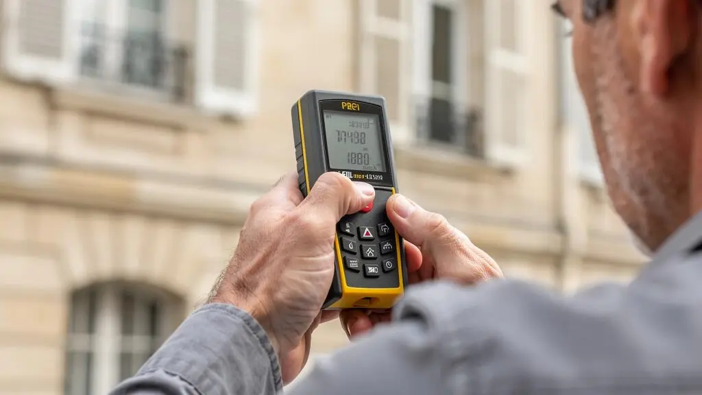 Gros plan sur des mains utilisant un télémètre laser pour mesurer les dimensions d'une façade en vue d'installer un store